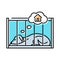 Pet shelter line icon, dog in cage dreaming of home, vector illustration