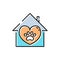 Pet shelter, pet shop, veterinary line icon, house and paw in heart shape, vector illustration