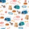 Pet shop assortment, dogs accessories seamless pattern. Background of store supply items for domestic pets