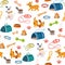 Pet shop assortment, dogs accessories seamless pattern. Dogs of different breeds. Items for domestic pets