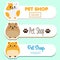 Pet shop banners with cute kawaii animal character: hamster, cat, dog. Vector collection of pet store advertisement.