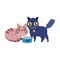 Pet shop, black and striped cats with fish can food animal domestic cartoon