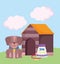 Pet shop, brown dog with collar food and house animal domestic cartoon