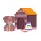 Pet shop, brown dog with collar food and house animal domestic cartoon