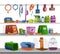 Pet shop. Cartoon toys, foods and goods for cats and dogs. Assortment of store shelves. Tray or scratching post, bird