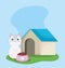 Pet shop, cute cat sitting with house and food bowl animal domestic cartoon