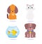 Pet shop, cute dogs cat and fish in crystal bowl animal domestic cartoon