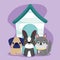 Pet shop, cute little puppies sitting with wooden house animal domestic cartoon