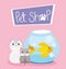 Pet shop, hamster cat and fish in glass bowl animal domestic cartoon