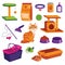 Pet shop icons set. Cat goods vector cartoon illustration. Animal food, toys, care and other stuff