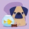 Pet shop, little puppy fish in bowl and cookie bone animal domestic cartoon