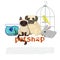 Pet shop logo template with canary, pug, fish, rabbit and Siamese cat vector image