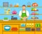 Pet shop seller at counter in store flat illustration