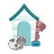 Pet shop, spotted cat and dog house and bowl animals cartoon