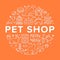 Pet shop vector circle banner with flat line icons. Dog house, cat food, bird, rabbit, fish, animal paw, bowl