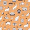 Pet shop vector seamless pattern with flat line icons of dog house, cat food, bird cage, rabbit, fish aquarium, animal