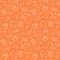 Pet shop vector seamless pattern with flat line icons of dog house, cat food, food bowl, puppy toys, animal paw. Orange