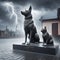 Pet statue monument in pouring rain