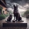 Pet statue monument in pouring rain