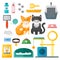 Pet supplies cat accessories animal equipment care grooming tools vector set.