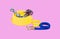 Pet supplies concept. Bowl with leash and rope on pink