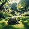 Pet tortoise moves across the green garden grass