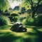 Pet tortoise moves across the green garden grass