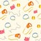 Pet toys seamless pattern. Accessories for playing pets. Collection of pets elements. Various pet supplies.