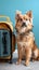 Pet travel essentials Cute dog poses with carrier, blue background