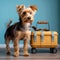 Pet travel essentials Cute dog poses with carrier, blue background