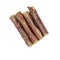 Pet treats on a white background. Dried beef esophagus sticks fo