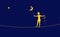 Peter Pan silhouette, boy going on the rope and holding moon and stars, on the heavens, dream,