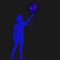 Peter pan silhouette with fairy and blue sparckle,