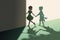 Peter Pan and Wendy walking away in opposite directions their shadows holding hands on the sidewalk. Psychology emotions