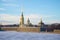 Peter and Paul Cathedral in Peter and Paul fortress in January day. Saint Petersburg, Russia