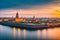 Peter and Paul Fortress at sunset, Troitsky Bridge, St.-Petersburg, Russia made with Generative AI
