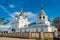 Peter and Paul monastery. The old snow-white Church of the Holy mother of God against the blue summer sky. Bryansk, Russia-April