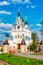 Peter and Paul monastery. The old snow-white Church of the Holy mother of God against the blue summer sky. Bryansk, Russia-April