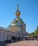 Petergof, Russia - June 5, 2017: The building is a special pantry. The baroque dome is decorated with a double-headed