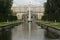 Peterhof palace great fountain front view with green gardens