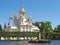 PETERHOF, RUSSIA. Fountains of square ponds against Church of Saints Peter and Paul