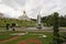 Peterhof, Russia, July 2019. A fountain in the form of a bowl and a view of the surrounding park.