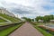 Peterhof, Russia - June 03.2017. Large Cascade fountain in front of large palace