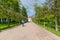 Peterhof, Russia - June 03. 2017. Pavilion Hermitage and Foliage Alley in Lower Park