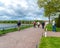 Peterhof, Russia - June 03. 2017. Tourists near Marlinsky pond and garden of Venus