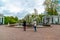 Peterhof, Russia - June 03. 2017. View of Eva statue in fountain and Draft arbor in Lower park