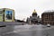 Petersburg, Russia, December 2019. Road marking of the city square and a view of St. Isaac`s Cathedral.