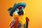 Petfluencers: The Charming Parrot\\\'s Adventure to Emulate a Musketeer on Orange Background