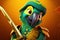 Petfluencers: The Charming Parrot\\\'s Adventure to Emulate a Musketeer on Orange Background