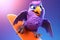 Petfluencers - A Parrot\\\'s Frosty Fantasy: Soaring Through Winter Adventures in Style on Purple Blue Background